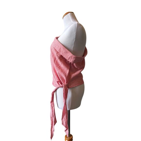Free People Get Down One Shoulder Striped Poplin Top -  Red,  Size 12, NWT - Picture 2 of 6